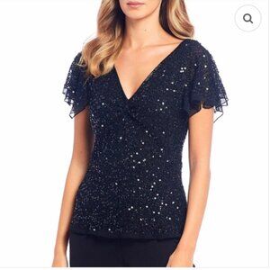 Adrianna Papell Beaded Flutter Sleeve Silk Blouse Black Size M